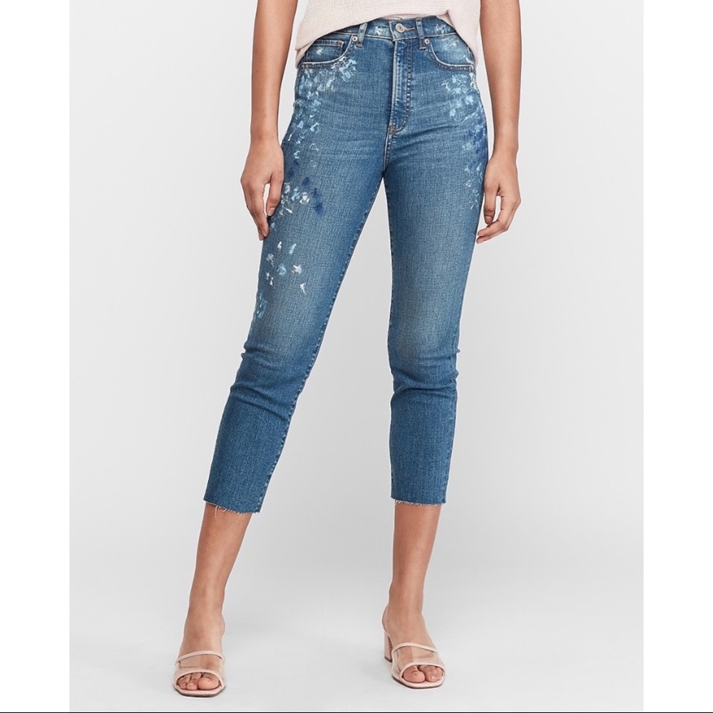 EXPRESS High Waisted Paint Splatter Mom Jeans